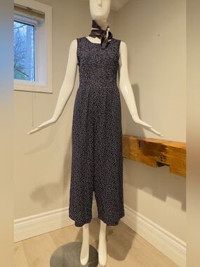Andrew Marc Navy Polka Dot Smocked Wide Leg Jumpsuit with Pockets – Size SP 🤍💙